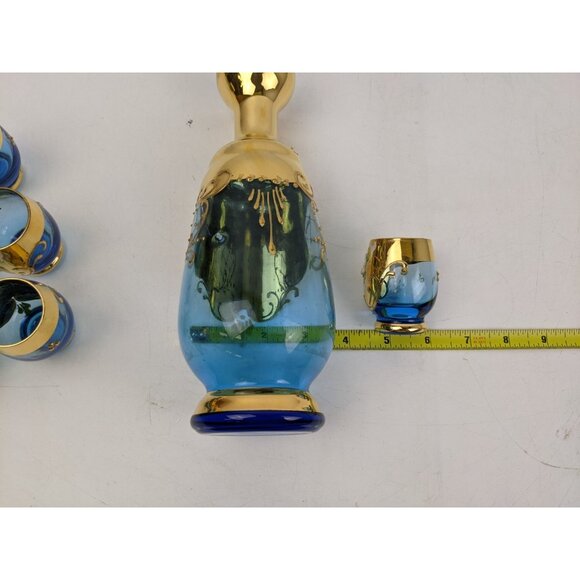 Vintage Blue Decanter & Stopper 6 glasses Made In Italy Venetian Murano gold - Picture 9 of 9